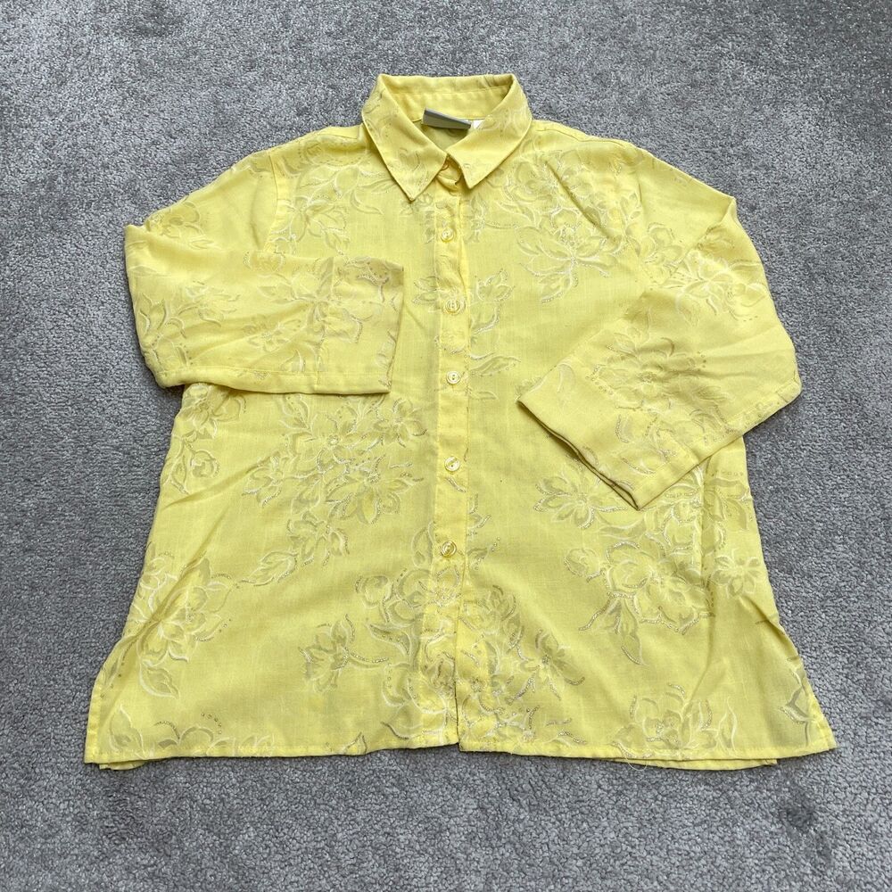 Alfred Dunner Floral Shiny Button Down Shirt Blouse Womens 8P Yellow Glitter